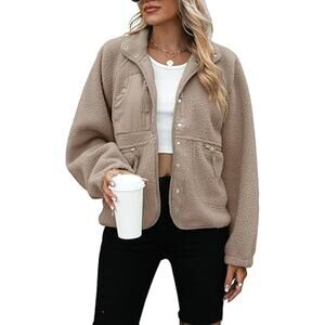 Womens Fleece Jacket Fuzzy Long Sleeve Short Coats Button Down Sherpa Outerwear